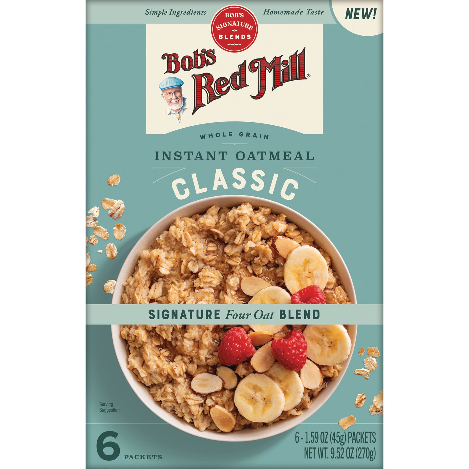 BOB489 | Bob's Red Mill Instant Oatmeal Classic packaging with bowl of oatmeal topped with banana, raspberries, and almond slices
