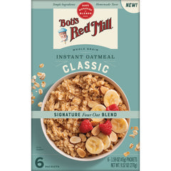 BOB489 | Bob's Red Mill Instant Oatmeal Classic packaging with bowl of oatmeal topped with banana, raspberries, and almond slices