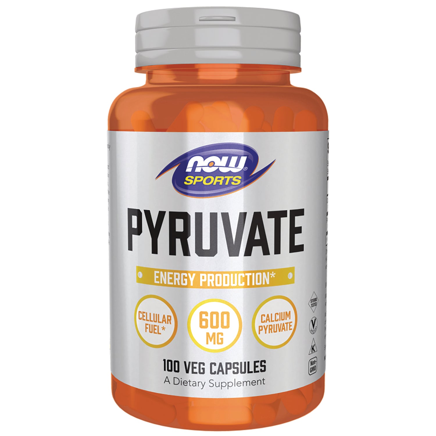 NWF1397 | NOW Sports Pyruvate supplement bottle front label reading PYRUVATE 600 MG and 100 veg capsules
