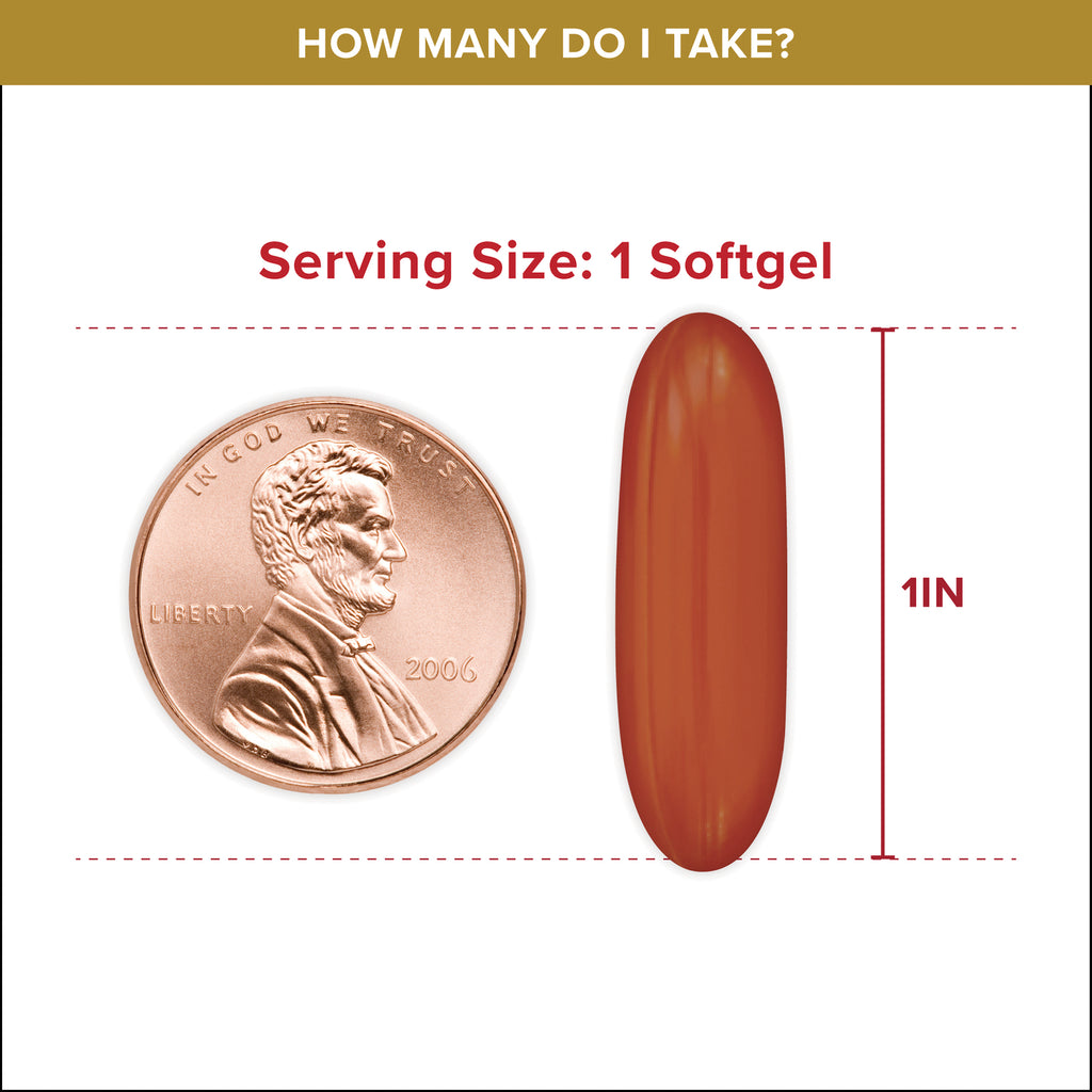 QNL016 | Serving size infographic showing 1 softgel is about 1 inch long beside a penny - Thumbnail