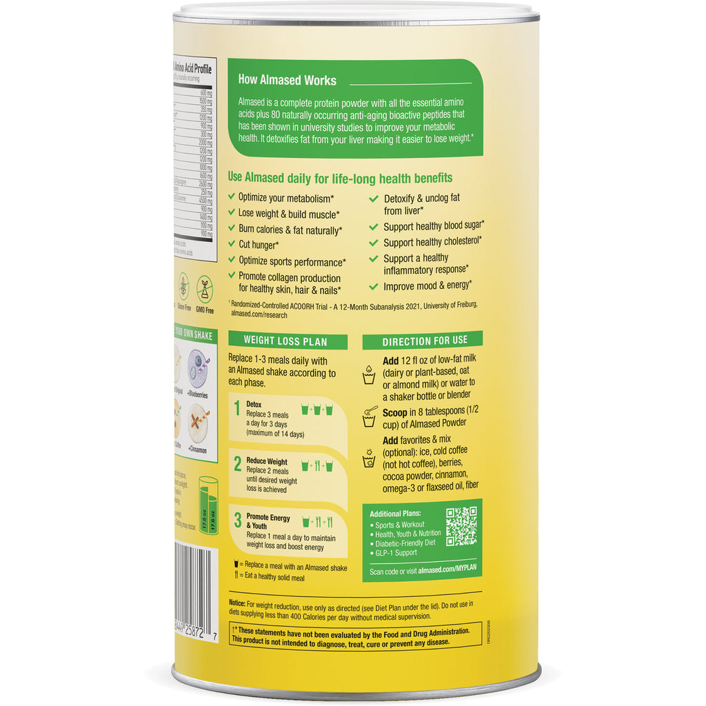 ALM006 | Canister back infographic showing weight loss plan, directions for use and health benefits of Almased powder - Thumbnail