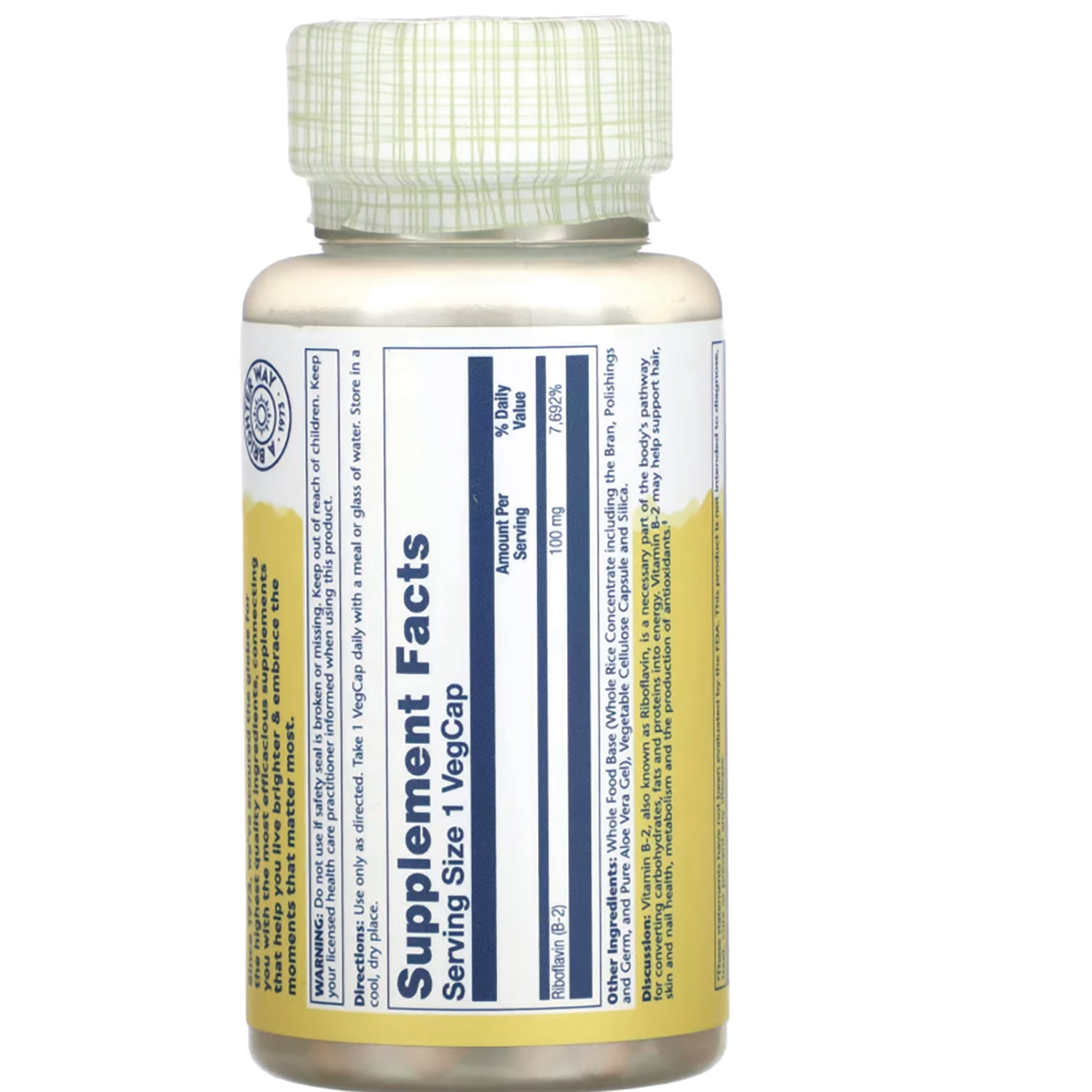 SLR419 | Back label with Supplement Facts panel, serving size 1 VegCap, riboflavin (B-2) 100 mg