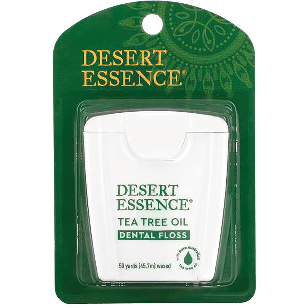 DST022 | Desert Essence tea tree oil dental floss in white case on green blister card, 50 yards waxed - Thumbnail