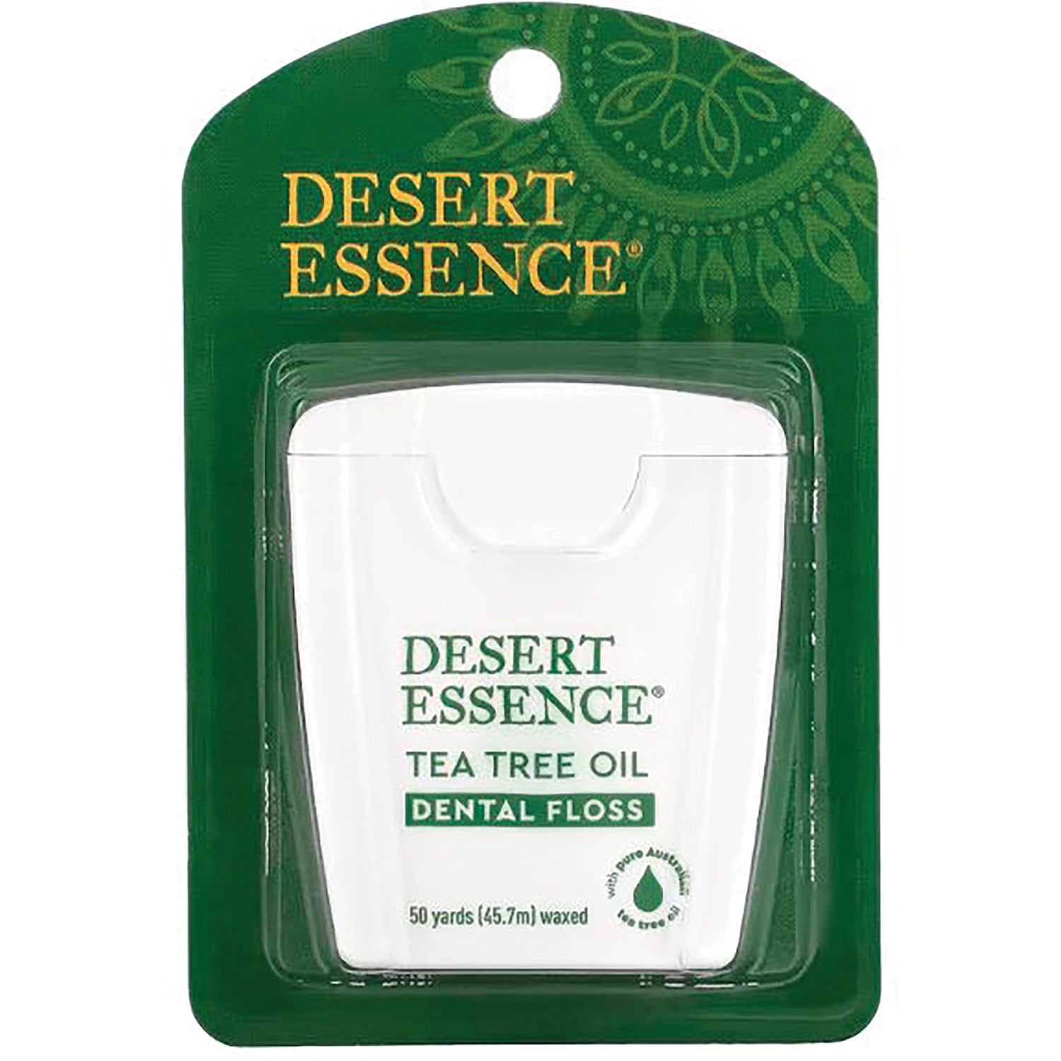 DST022 | Desert Essence tea tree oil dental floss in white case on green blister card, 50 yards waxed