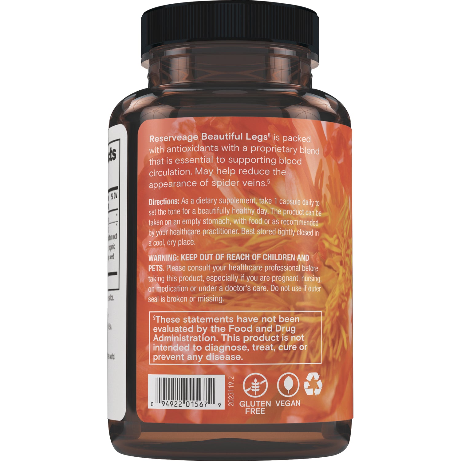 RSA011 | Back label of amber supplement bottle showing directions, warning box, barcode and gluten free and vegan icons