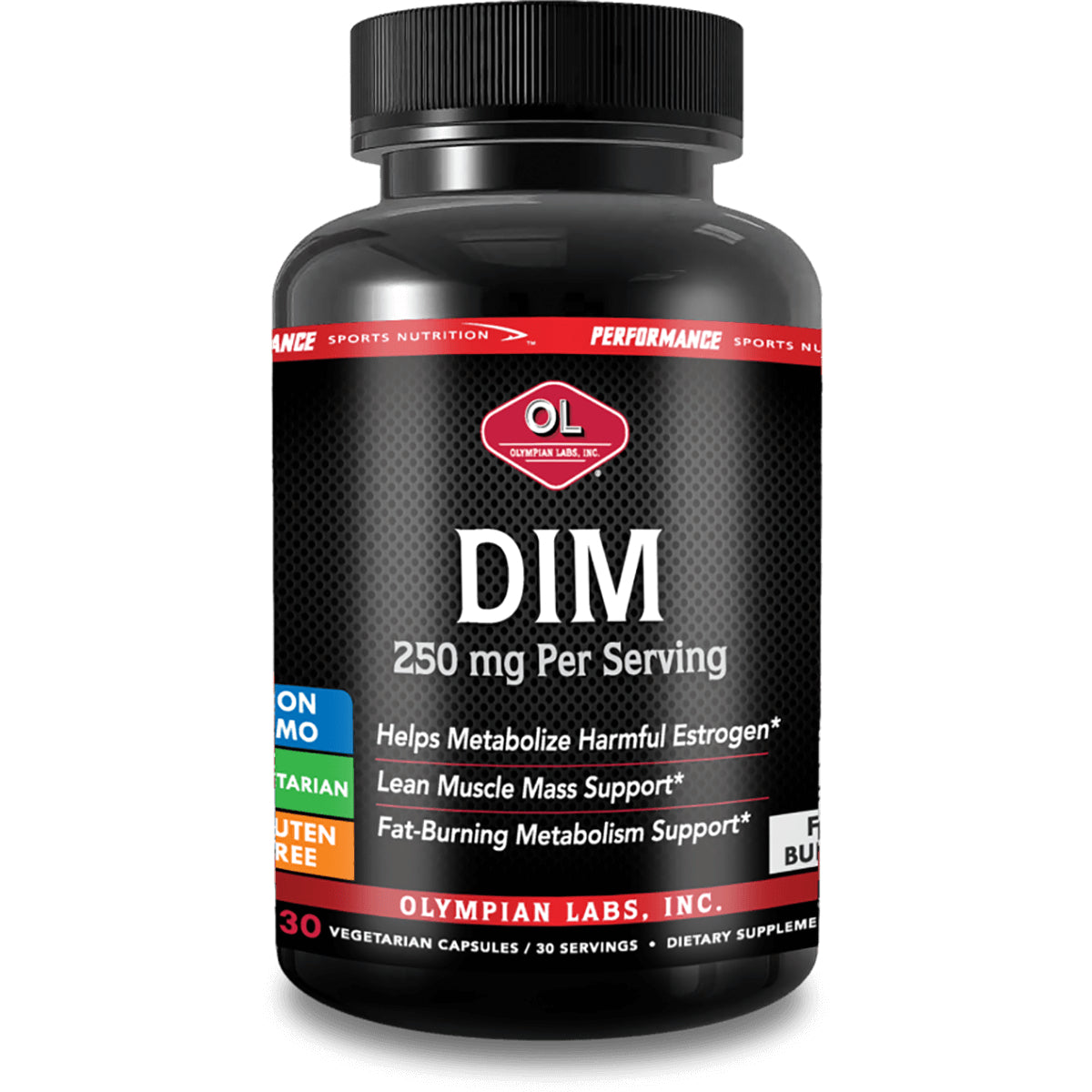 OL131 | Black Olympian Labs DIM supplement bottle labeled 250 mg Per Serving, 30 vegetarian capsules