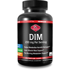 OL131 | Black Olympian Labs DIM supplement bottle labeled 250 mg Per Serving, 30 vegetarian capsules