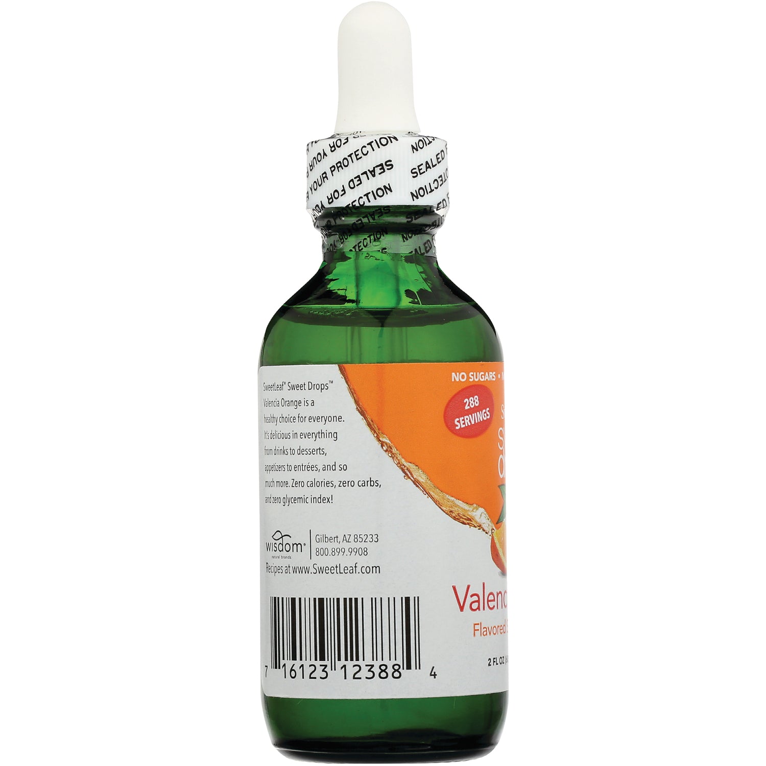 WA047 | Back of SweetLeaf Sweet Drops Valencia Orange stevia bottle with label details and barcode, 288 servings