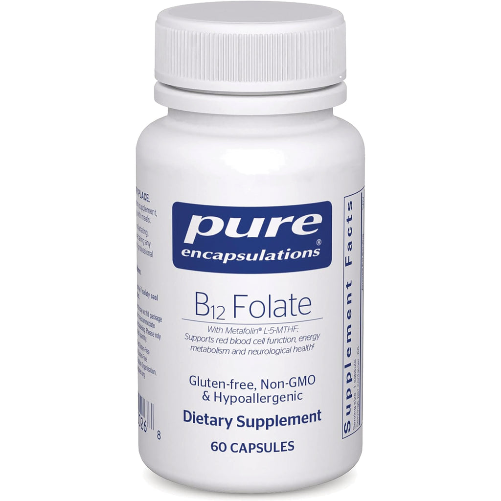 PRN012 | white bottle of Pure Encapsulations B12 Folate dietary supplement, 60 capsules, gluten-free non-GMO - Thumbnail