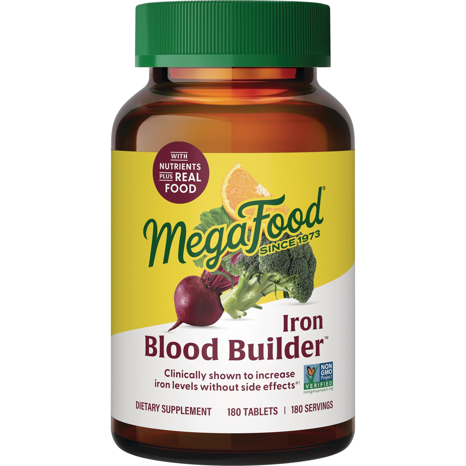MGF050 | Megafood Iron Blood Builder supplement bottle front label with beet, broccoli and orange graphics