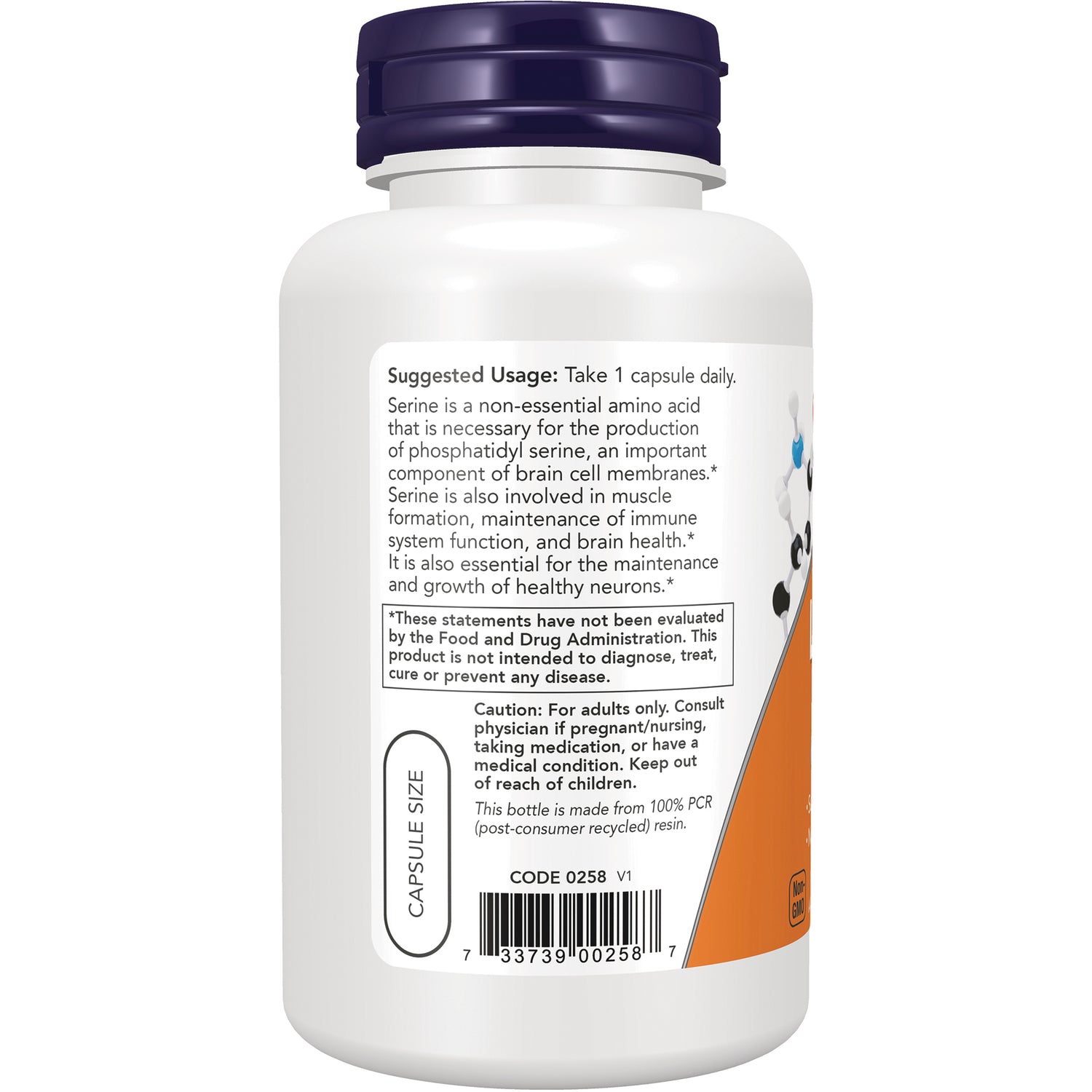 NWF1428 | Back of white supplement bottle showing suggested usage, caution text, and barcode