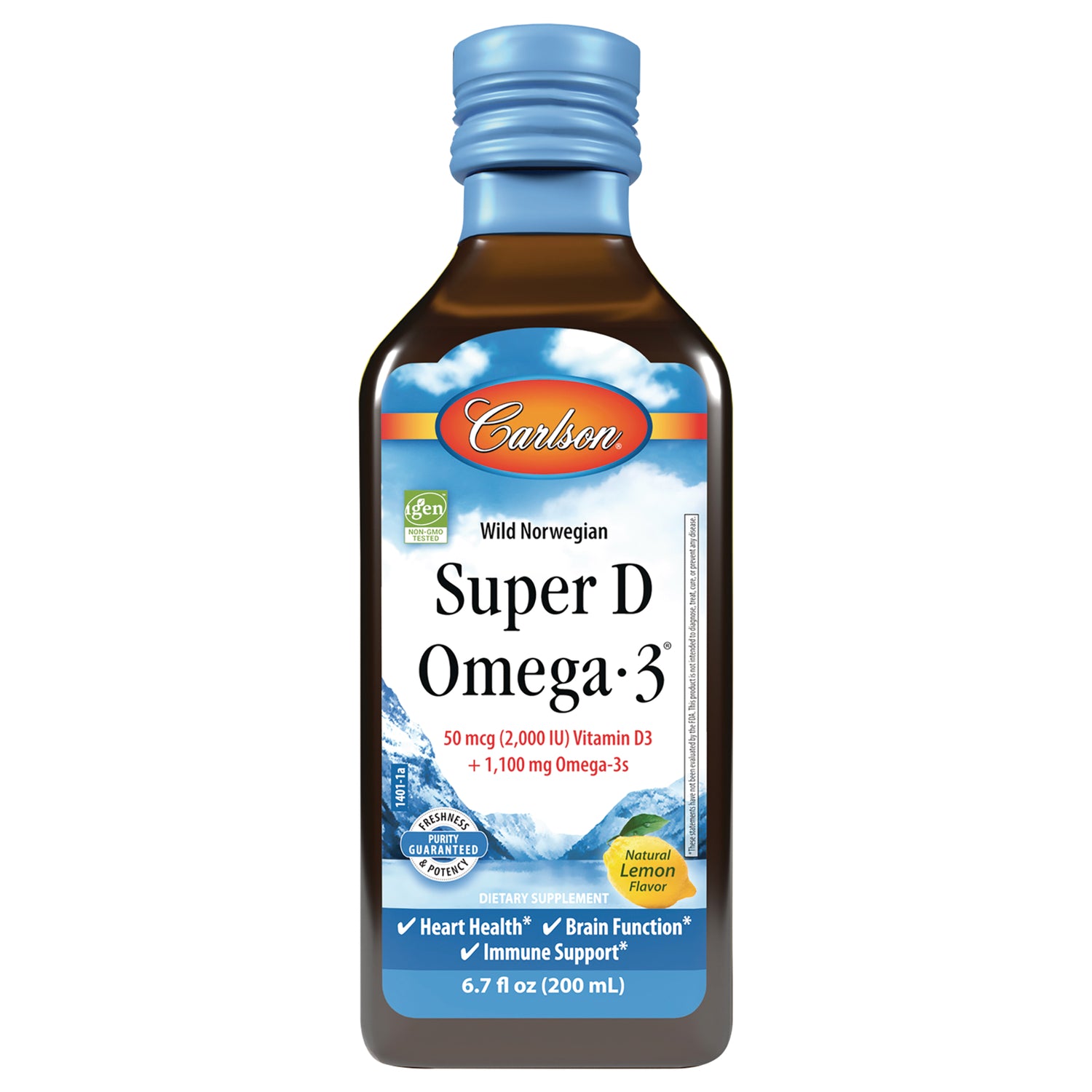 CSN331 | Carlson Super D Omega-3 liquid supplement bottle label, 50 mcg Vitamin D3, natural lemon, 6.7 fl oz