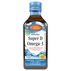 CSN331 | Carlson Super D Omega-3 liquid supplement bottle label, 50 mcg Vitamin D3, natural lemon, 6.7 fl oz