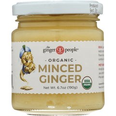 GPE009 | Glass jar of The Ginger People organic minced ginger label showing MINCED GINGER and USDA ORGANIC 6.7 oz