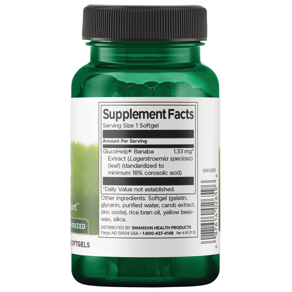SWU659 | Back label showing Supplement Facts and other ingredients for GlucoHelp Banaba Extract - Thumbnail