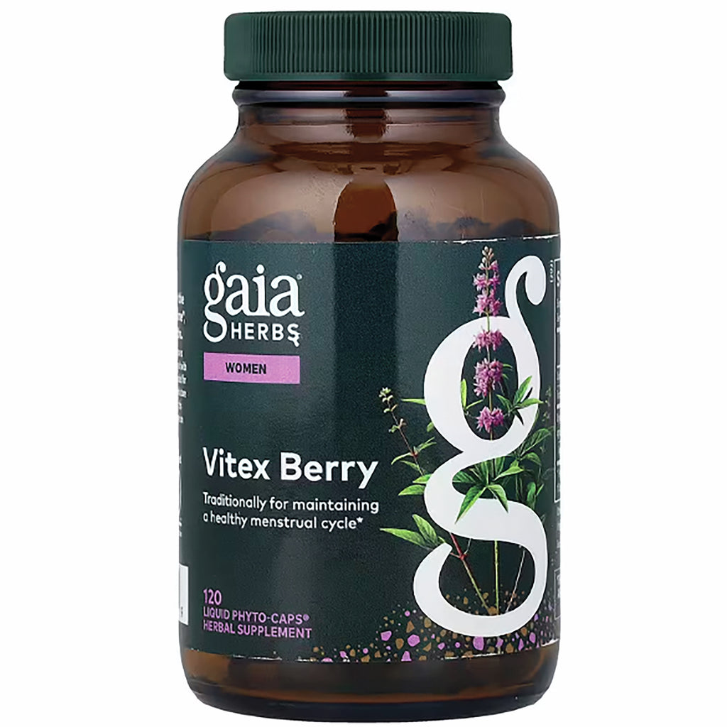 GH133 | Gaia Herbs Vitex Berry brown bottle with green cap and purple label, 120 vegan liquid phyto-caps herbal supplement - Thumbnail