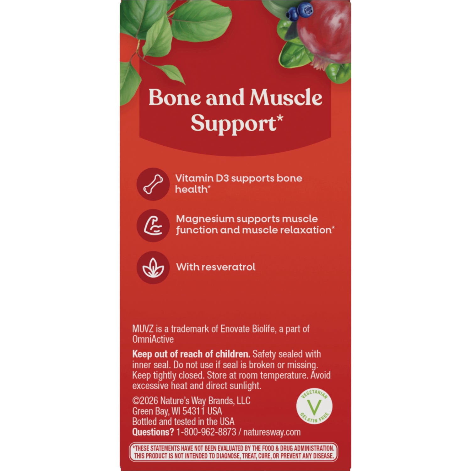 NW1075 | Back panel with bone and muscle support claims, vegetarian gelatin free seal, and safety warnings