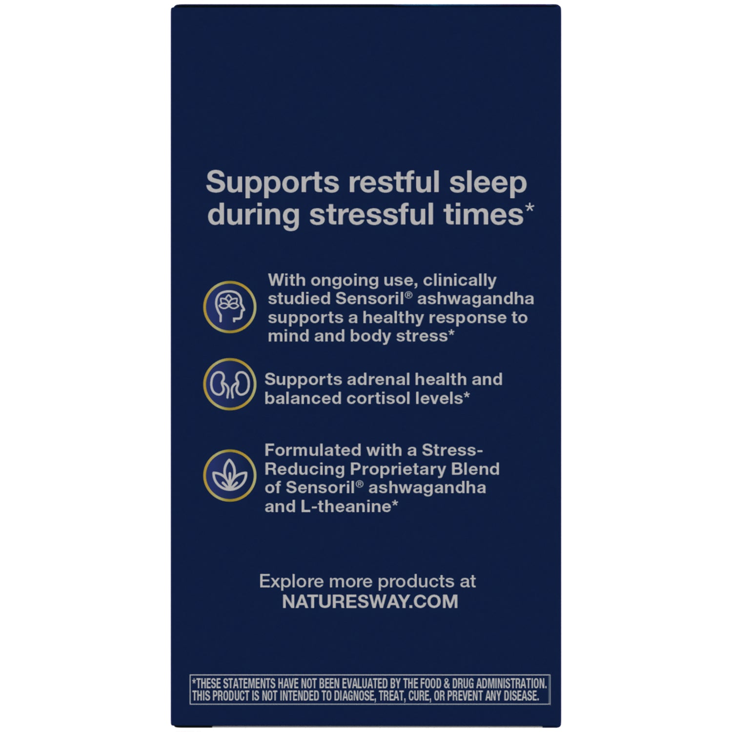 ET348 | Back of navy supplement box reading Supports restful sleep during stressful times with Sensoril ashwagandha and L-theanine; NATURESWAY.COM