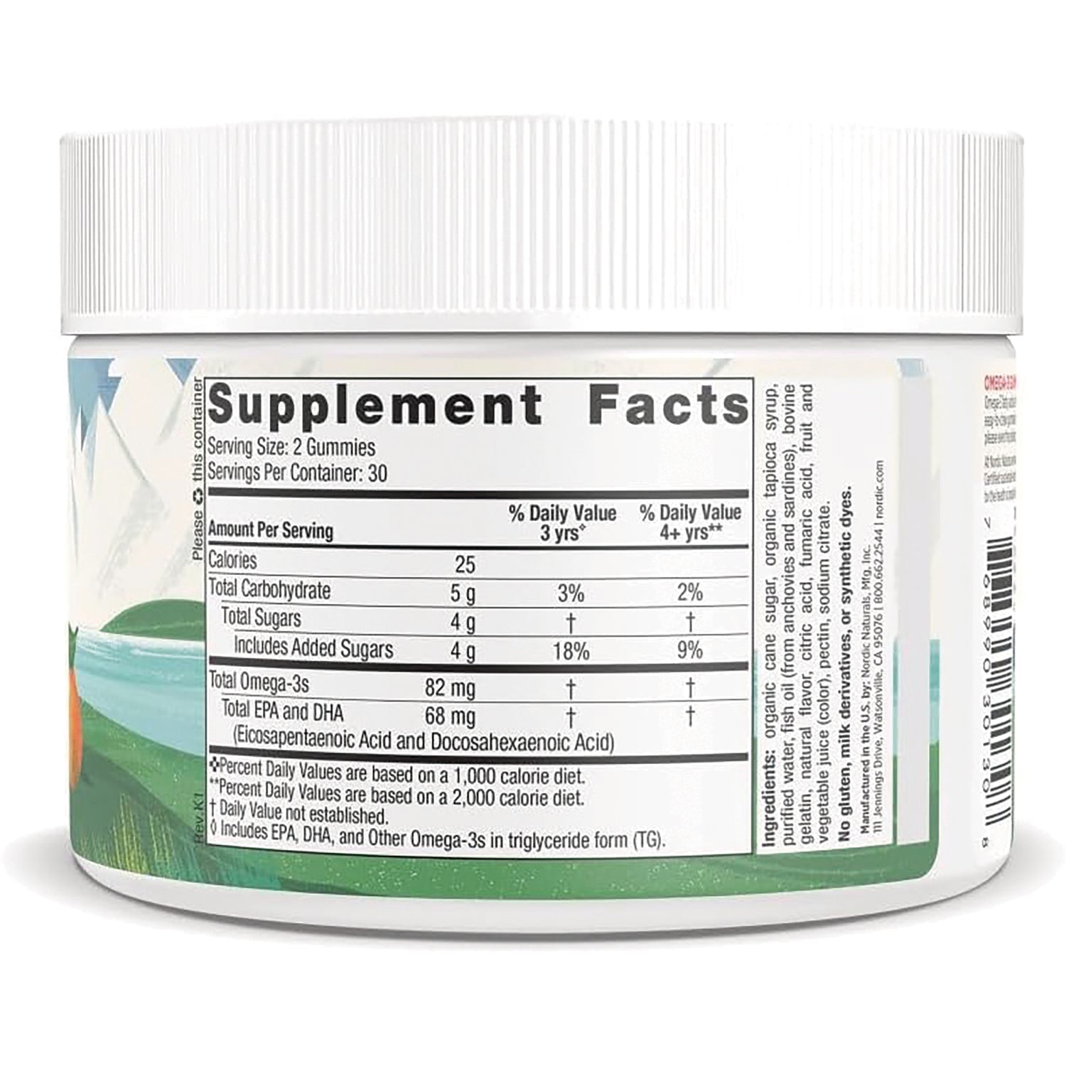NRN016 | Supplement Facts panel on jar showing serving size, calories, total omega-3s and ingredients