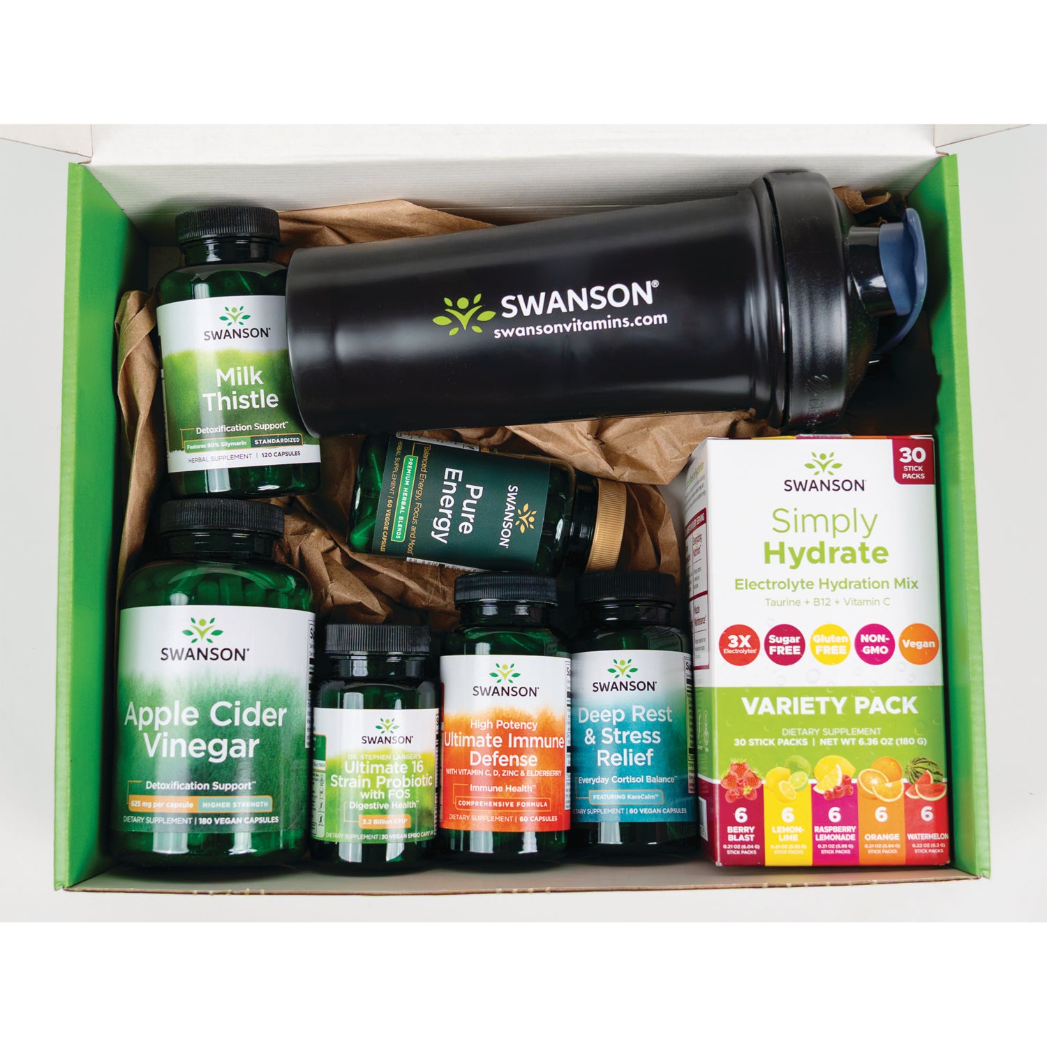 SW1980 | Swanson gift box with assorted supplements, shaker bottle, and Simply Hydrate variety pack