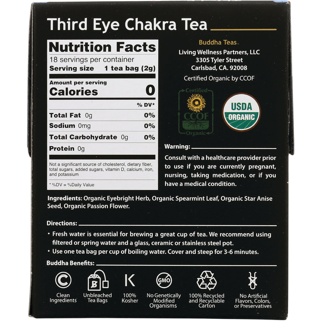 BUD010 | Back of Third Eye Chakra Tea box showing Nutrition Facts, ingredients, brewing directions, USDA Organic logo - Thumbnail