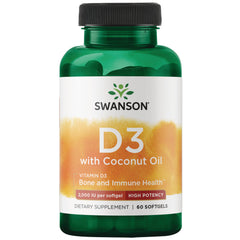 SWU830 | Four Swanson D3 with Coconut Oil supplement bottles front view || SWU830 | Three Swanson D3 with Coconut Oil supplement bottles, 2,000 IU softgels, front view || SWU830 | two Swanson D3 with Coconut Oil supplement bottles, front label reads 2,000 IU per softgel, 60 softgels