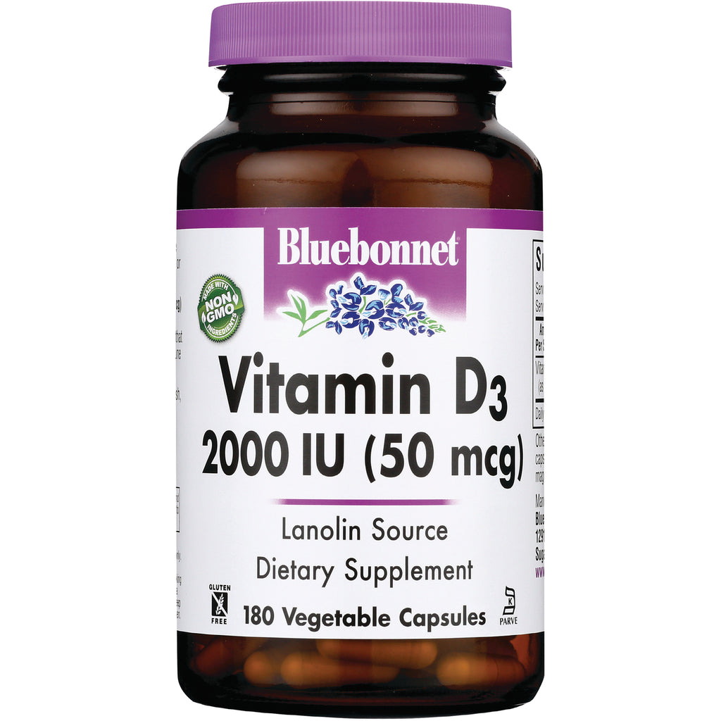 BLU129 | Bluebonnet Vitamin D3 2000 IU (50 mcg) lanolin source dietary supplement 180 vegetable capsules - Thumbnail