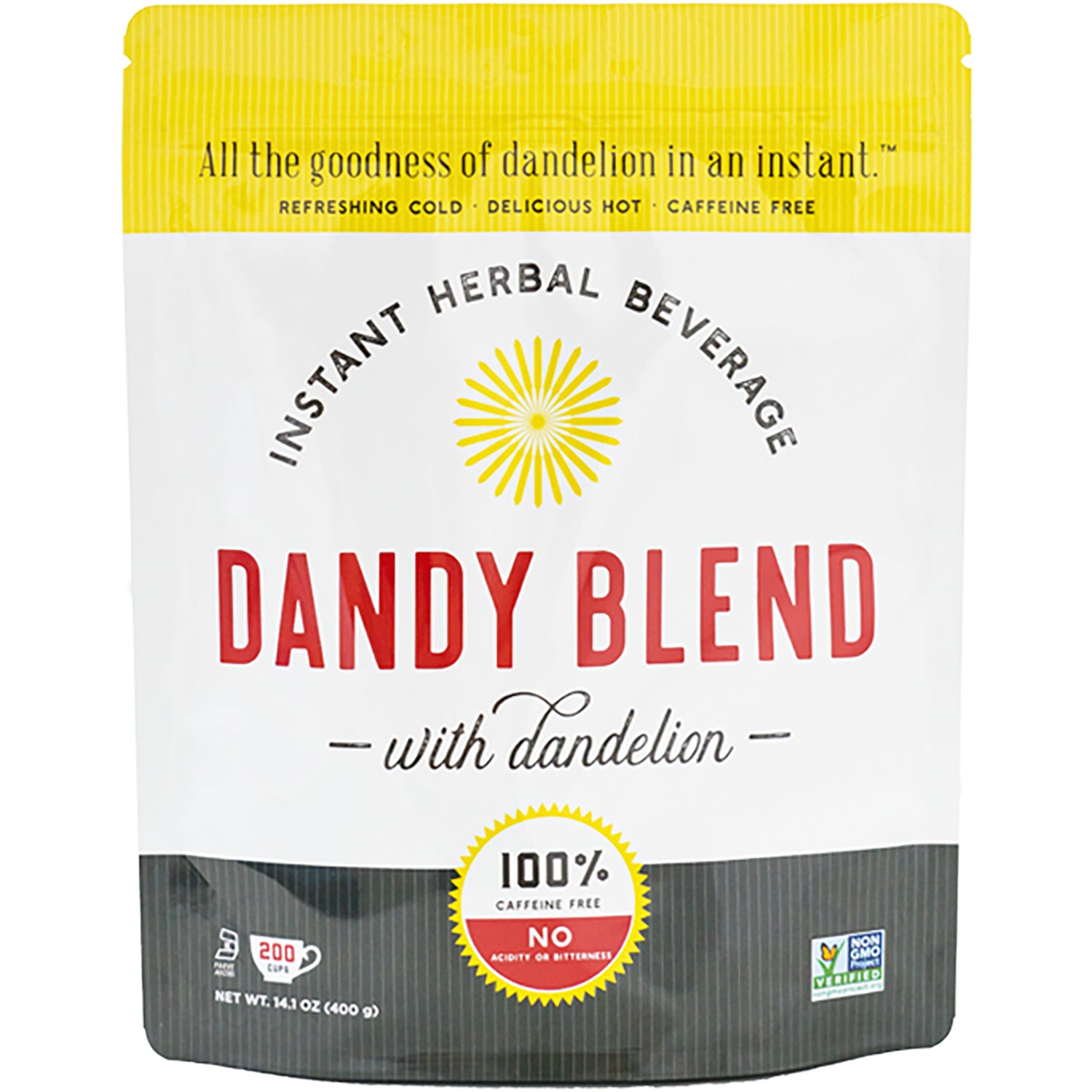 DDY002 | Dandy Blend instant herbal beverage pouch labeled with dandelion and 100% caffeine free