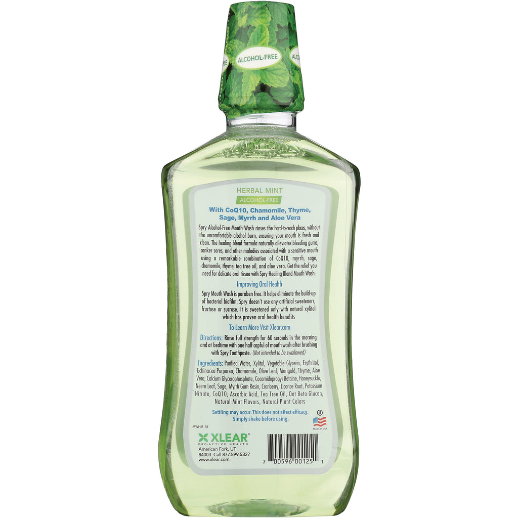 XL059 | Back label of XLEAR Spry Alcohol-Free Mouth Wash, Herbal Mint flavor with directions and ingredients - Thumbnail
