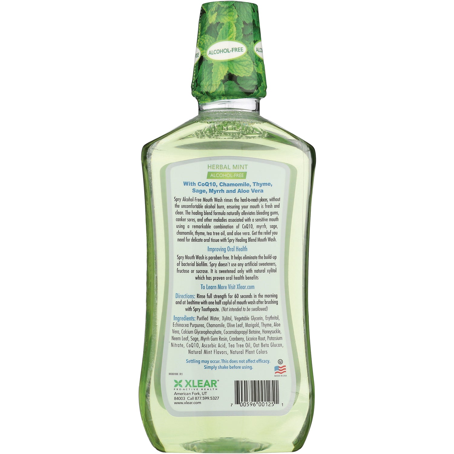 XL059 | Back label of XLEAR Spry Alcohol-Free Mouth Wash, Herbal Mint flavor with directions and ingredients