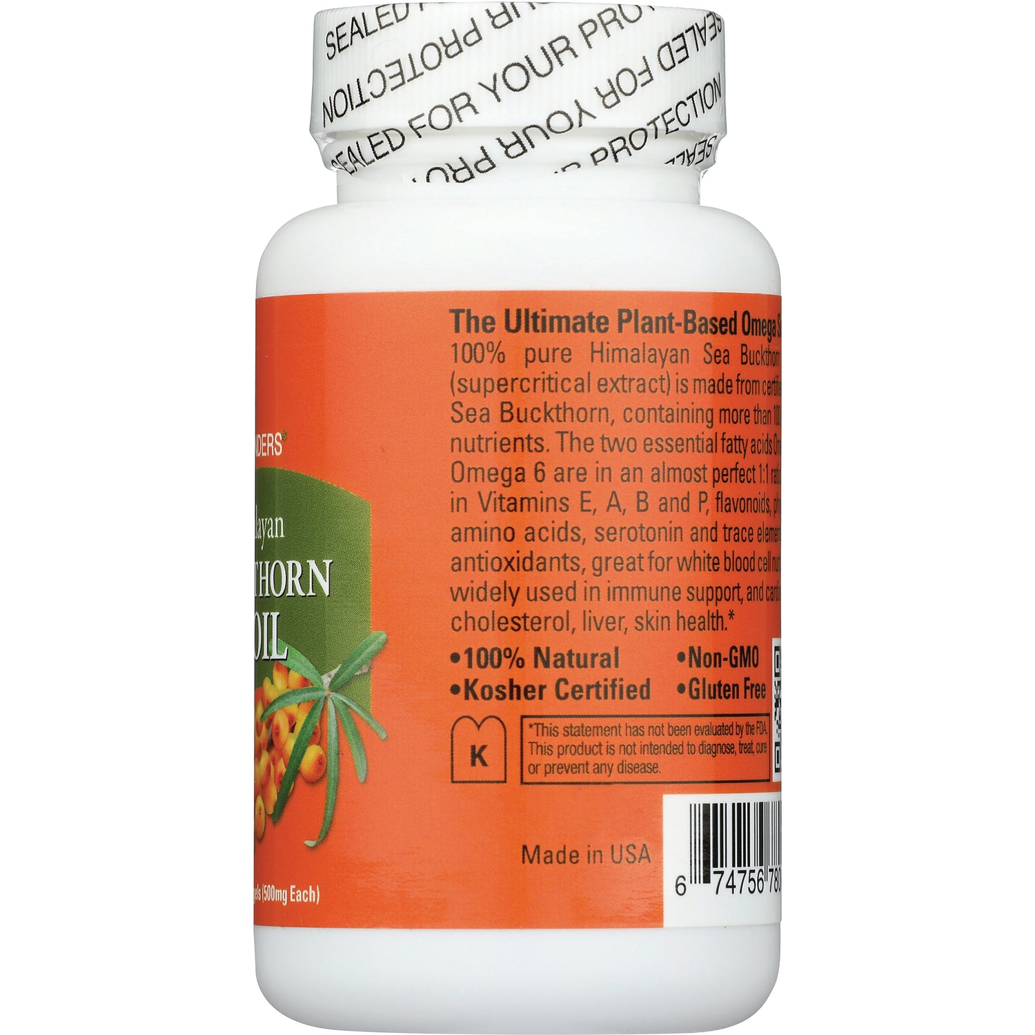 SBW003 | Back of orange supplement bottle showing product description, Kosher symbol, seals and barcode