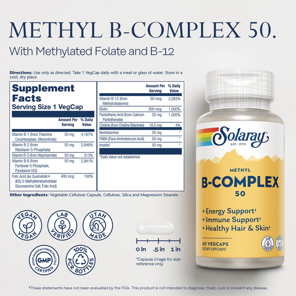 SLR548 | Back label of Methyl B-Complex 50 showing supplement facts, ingredients, capsule size graphic and bottle image - Thumbnail