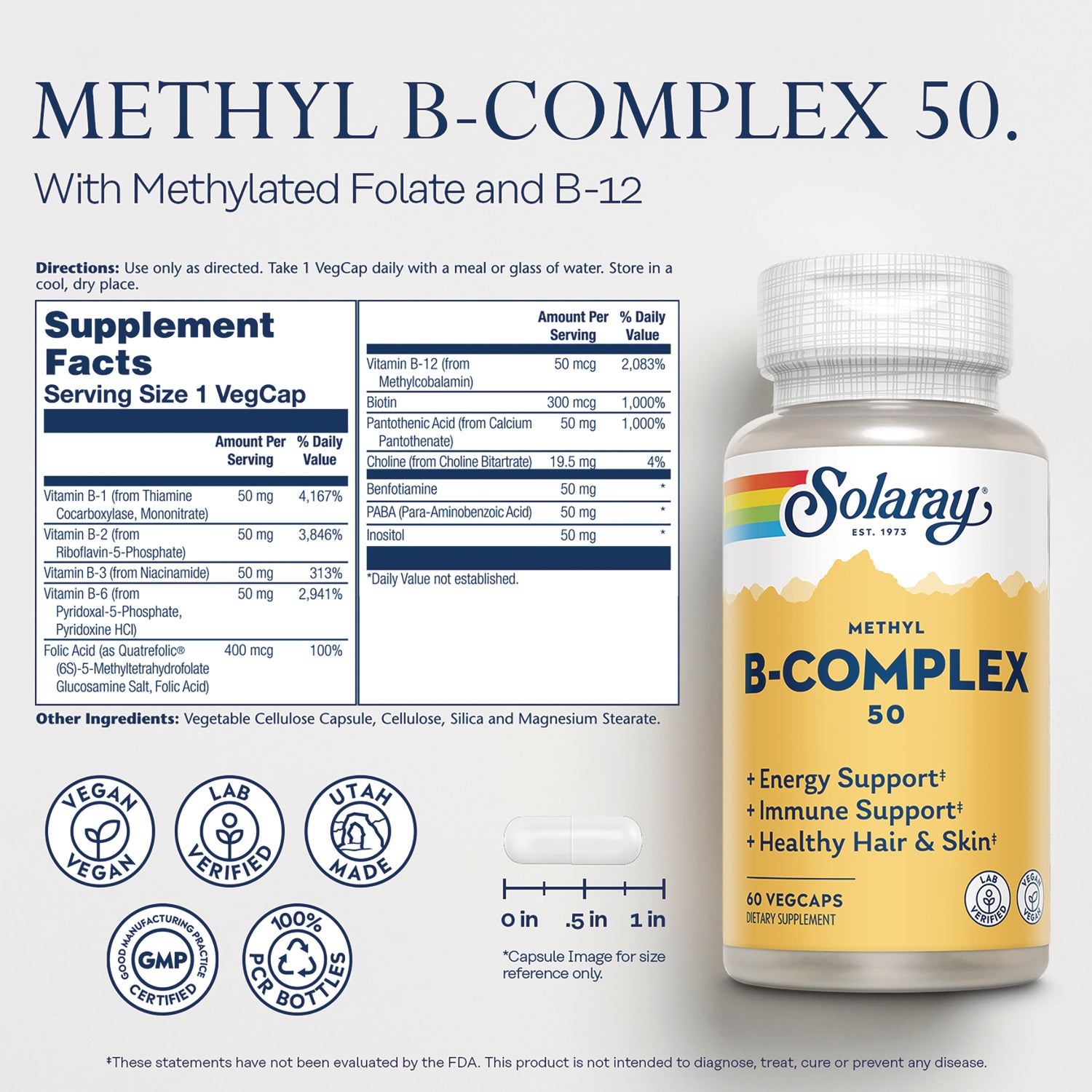 SLR548 | Back label of Methyl B-Complex 50 showing supplement facts, ingredients, capsule size graphic and bottle image