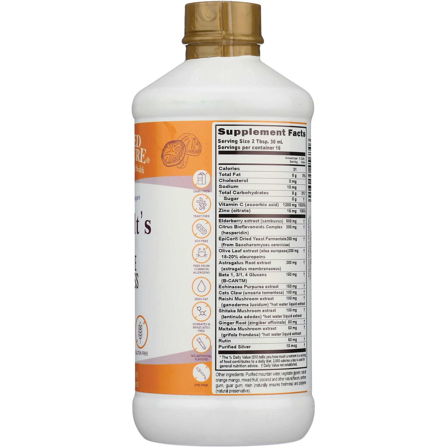 BTR028 | Back of white supplement bottle showing Supplement Facts panel and ingredient icons