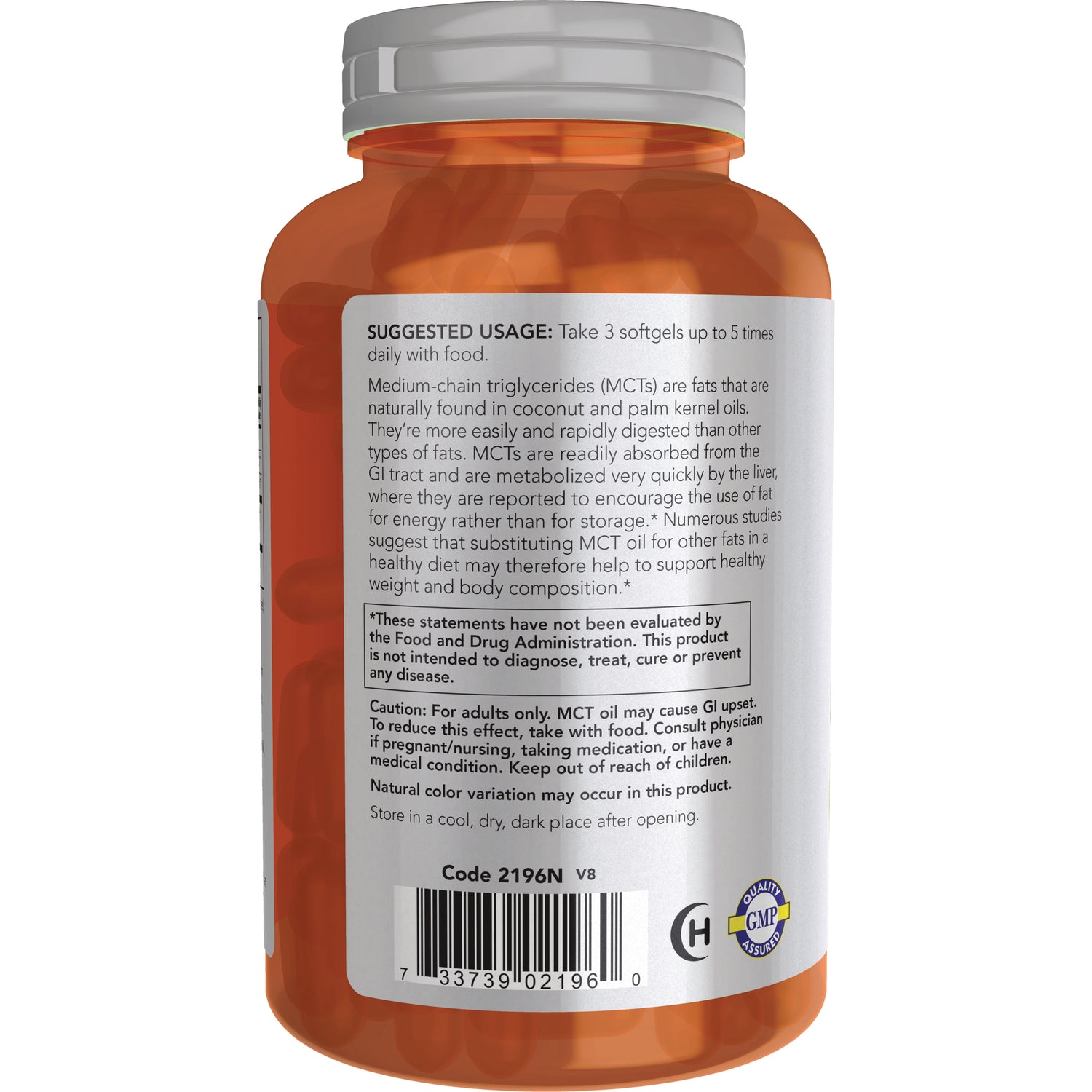 NWF1337 | back label showing suggested usage, caution text and barcode on orange supplement bottle