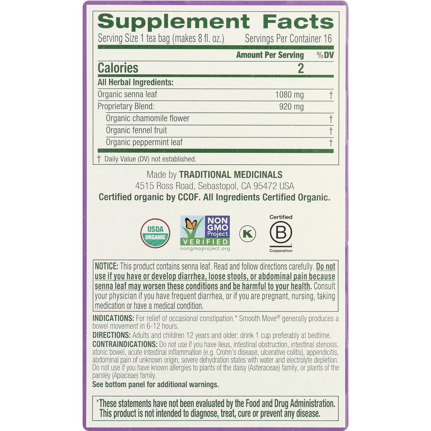TMD042 | Supplement Facts panel with organic senna leaf 1080 mg; USDA Organic, Non-GMO Project Verified, Kosher, B Corp