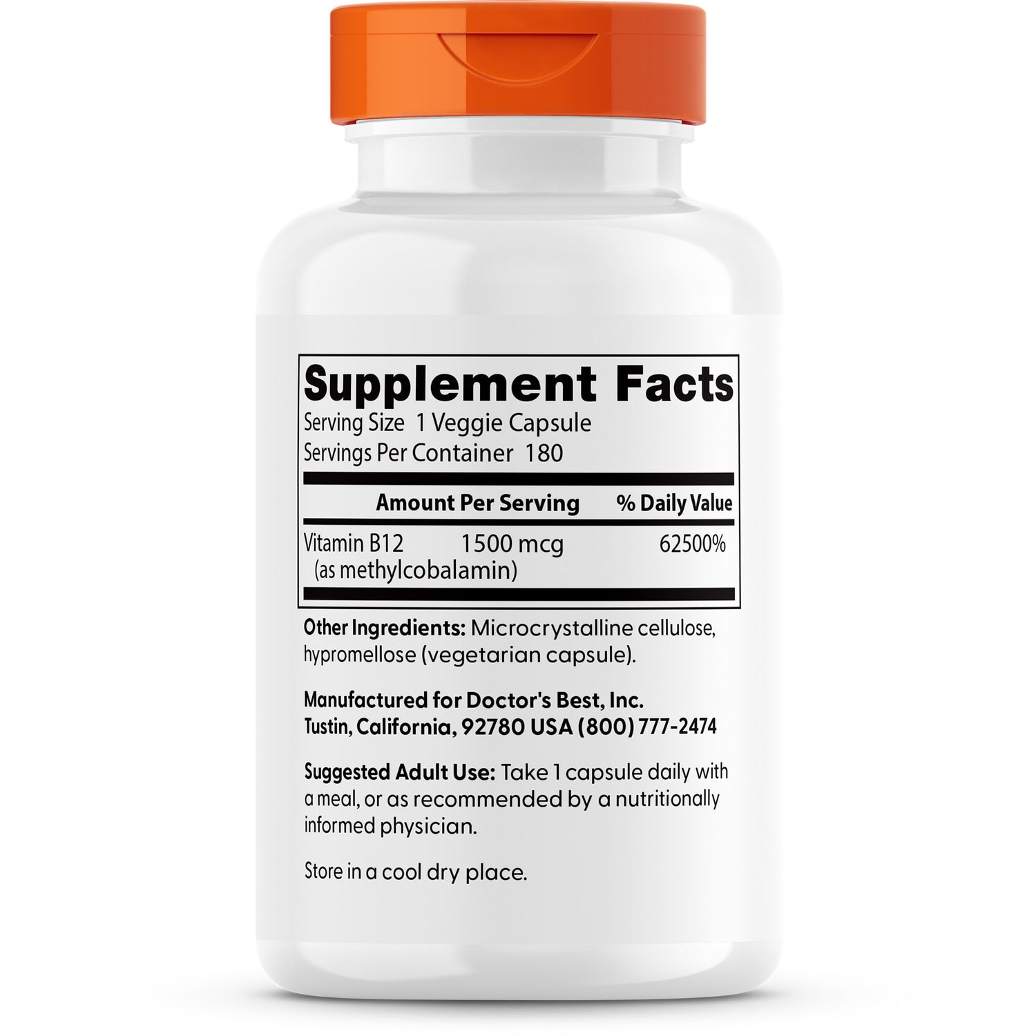 DB267 | Back label showing Supplement Facts with serving size 1 veggie capsule, Vitamin B12 1500 mcg, ingredients and manufacturer contact