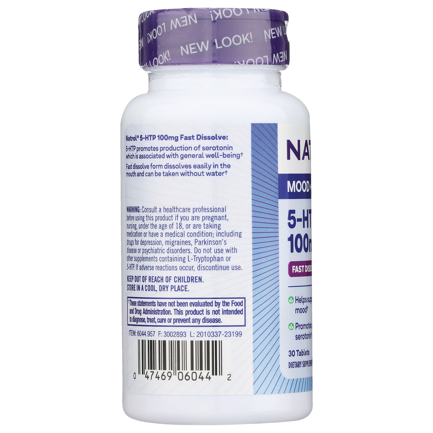 NA510 | Back of white supplement bottle showing warning and FDA disclaimer text, barcode, and cap labeled NEW LOOK