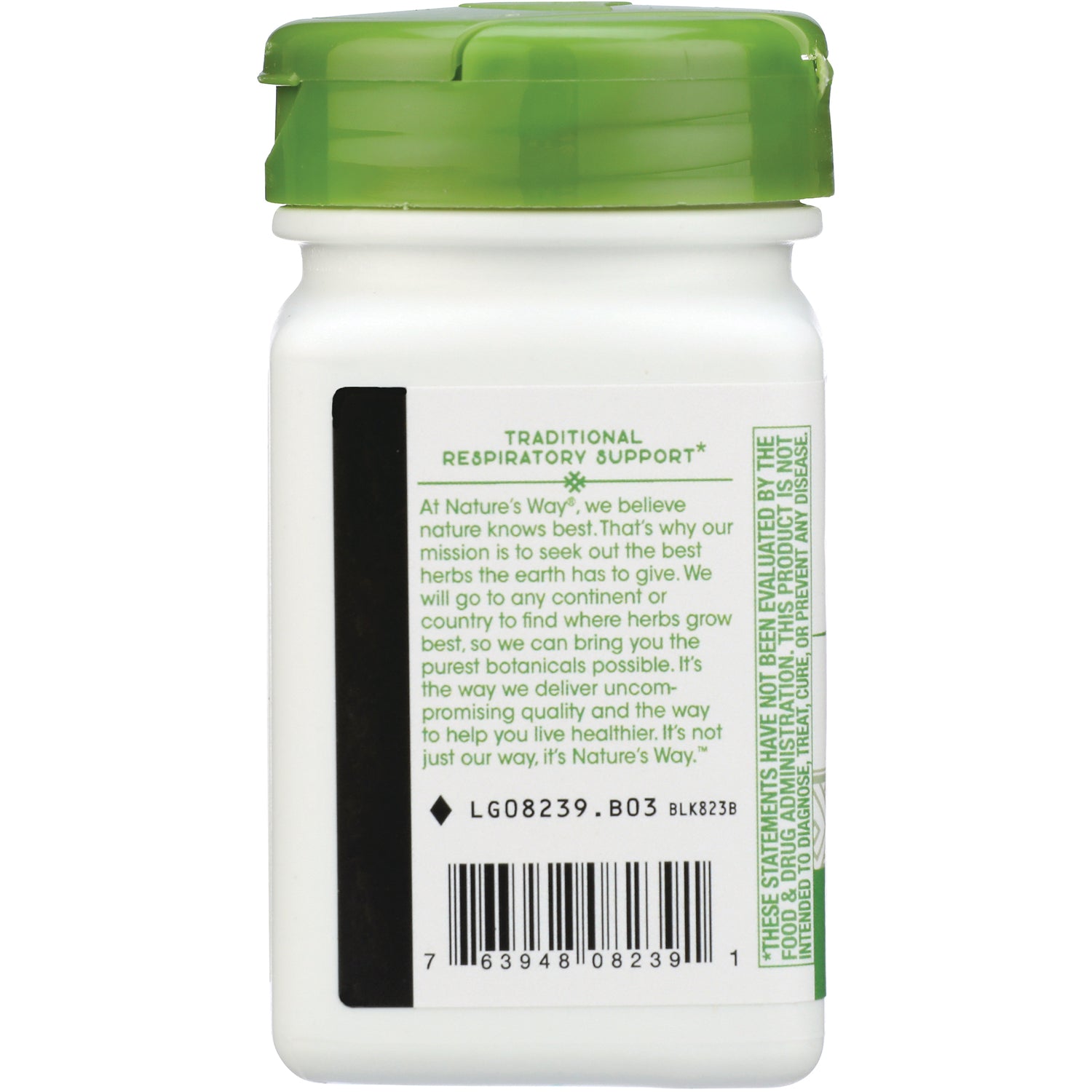 ET466 | Back of white supplement bottle with green cap showing label text TRADITIONAL RESPIRATORY SUPPORT barcode and ingredient panel