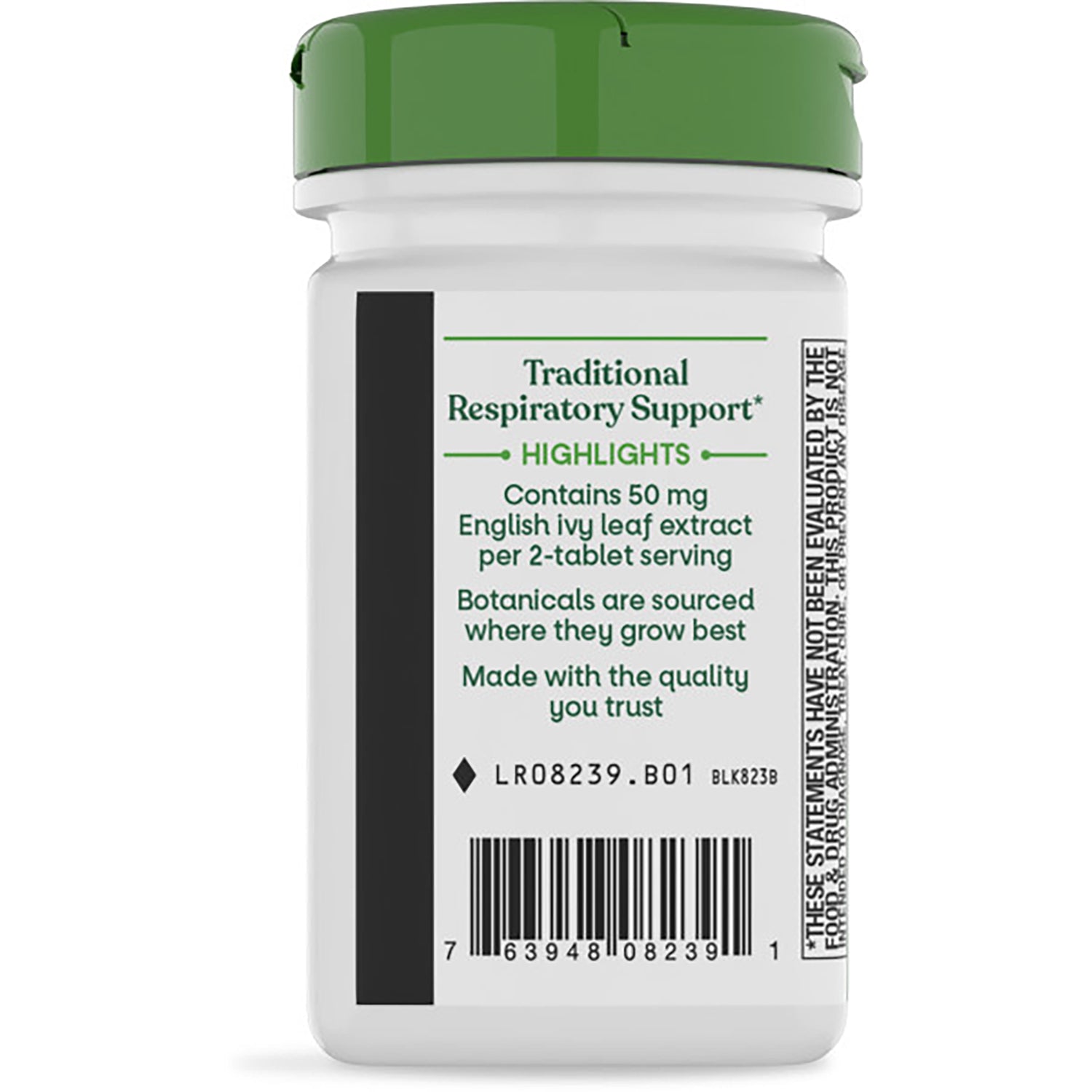 ET466 | Back of white supplement bottle with green cap showing label text TRADITIONAL RESPIRATORY SUPPORT barcode and ingredient panel
