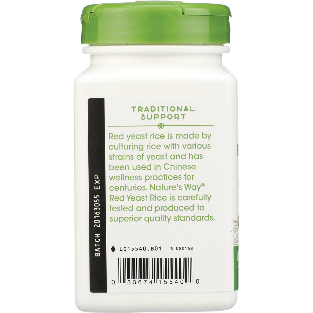 NW615 | Back of white supplement bottle with green cap showing Traditional Support label about red yeast rice and barcode - Thumbnail