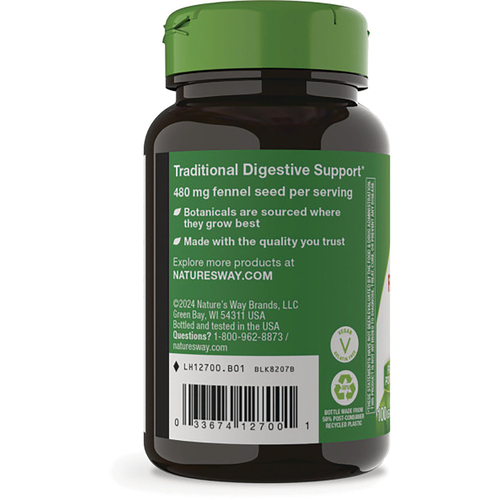 NW134 | Back of brown supplement bottle label reading Traditional Digestive Support, 480 mg fennel seed per serving, barcode and company info - Thumbnail