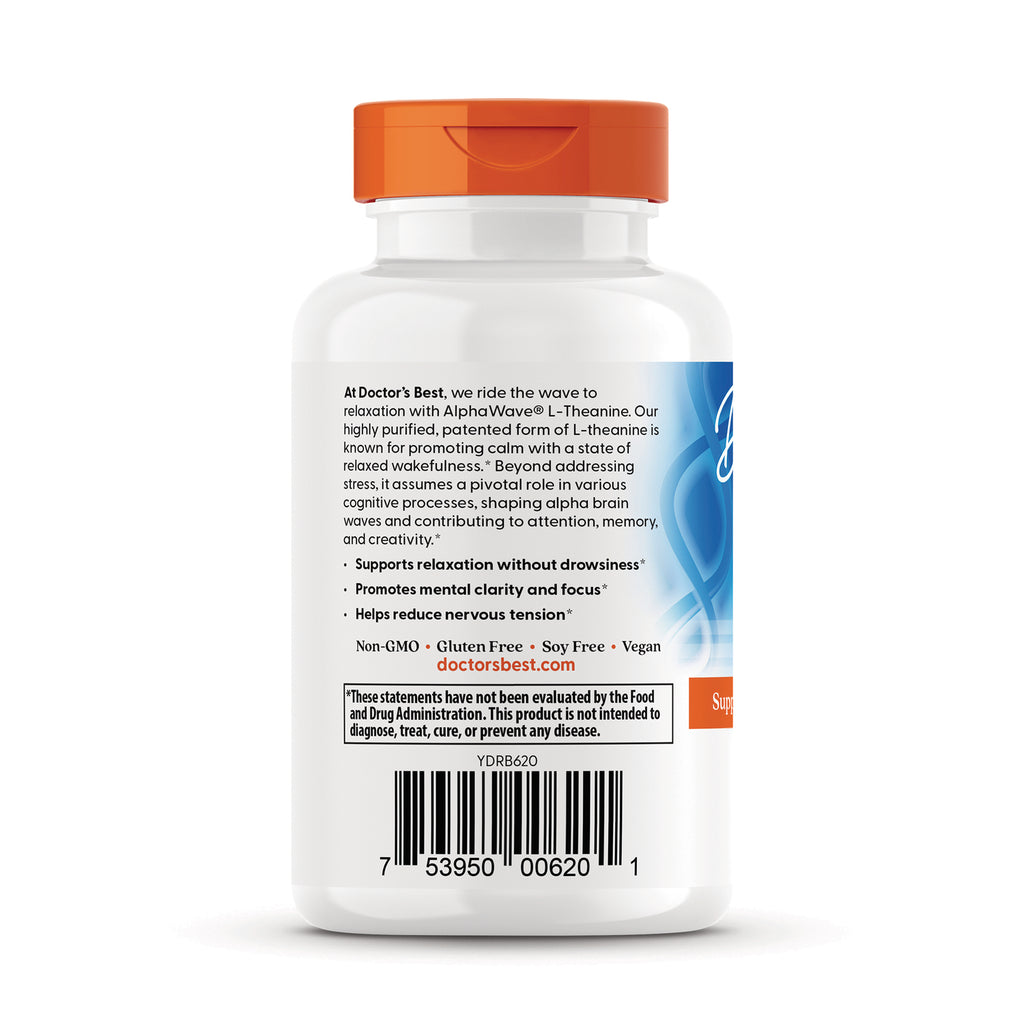 White supplement bottle back label showing benefits list, non-GMO and gluten-free notes, disclaimer, barcode, and doctorsbest.com - Thumbnail