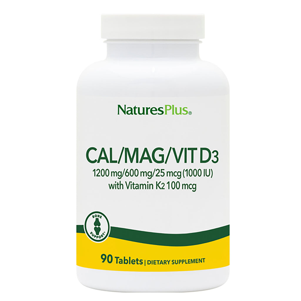 NTP014 | NaturesPlus CAL/MAG/VIT D3 supplement bottle, 90 tablets, 1200 mg/600 mg/25 mcg with Vitamin K2 - Thumbnail