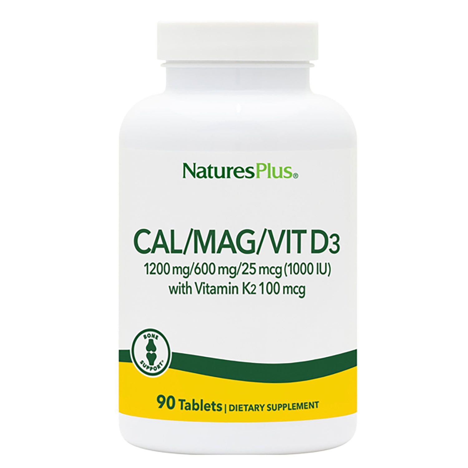 NTP014 | NaturesPlus CAL/MAG/VIT D3 supplement bottle, 90 tablets, 1200 mg/600 mg/25 mcg with Vitamin K2