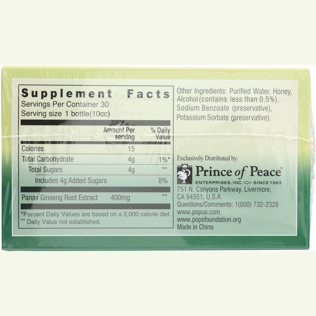 POP015 | Supplement Facts label showing serving size, Panax Ginseng Root Extract 400mg and ingredients with Prince of Peace distributor info - Thumbnail