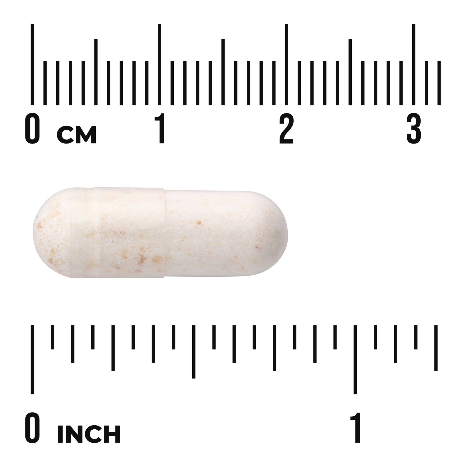 SWU534 | White speckled capsule on ruler background with visible centimeter and inch markings