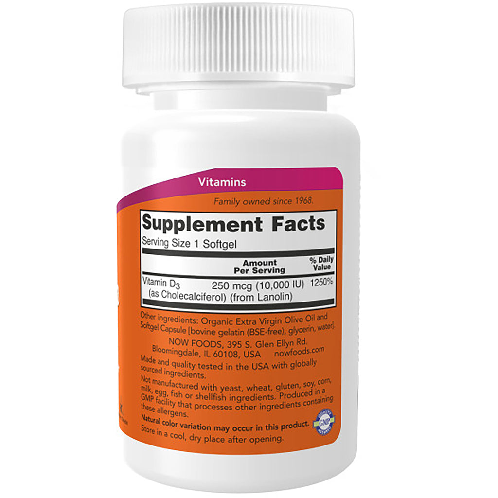 NWF1194 | Back label of white supplement bottle showing Supplement Facts, serving size 1 softgel and Vitamin D3 250 mcg (10,000 IU) - Thumbnail