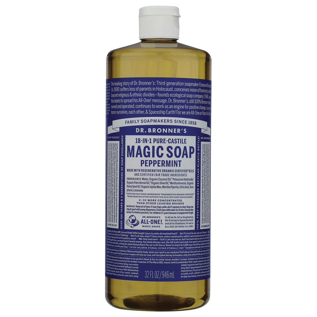 DRB026 | Dr. Bronner's 18-in-1 Pure-Castile Magic Soap peppermint bottle with blue label 32 fl oz - Thumbnail