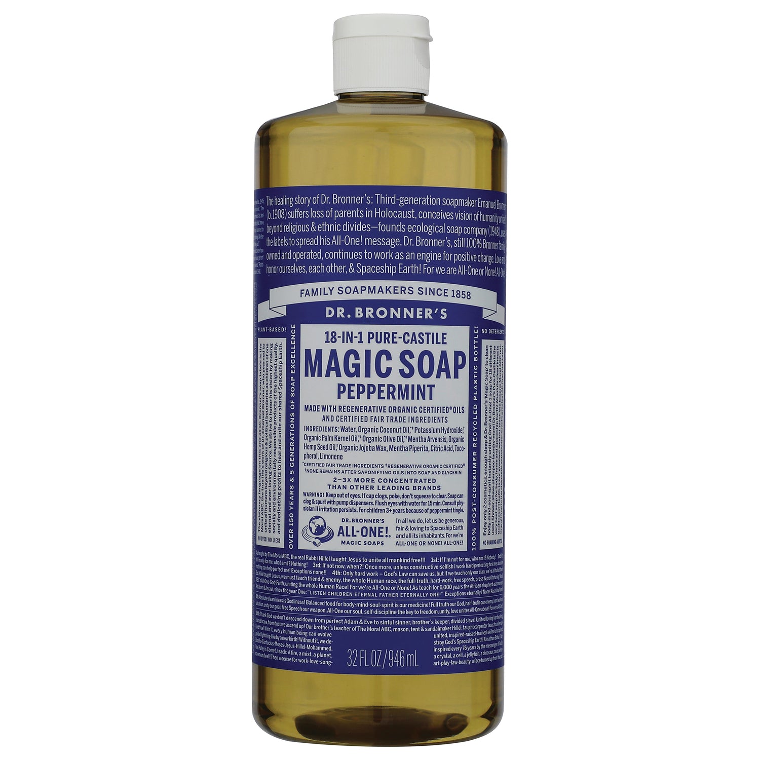 DRB026 | Dr. Bronner's 18-in-1 Pure-Castile Magic Soap peppermint bottle with blue label 32 fl oz
